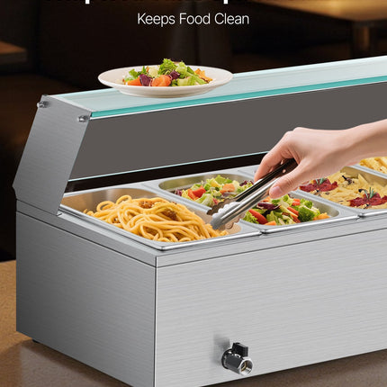 Commercial Food Warmer 6 X 1/3 Size Pans Buffet Bain Marie With Glass