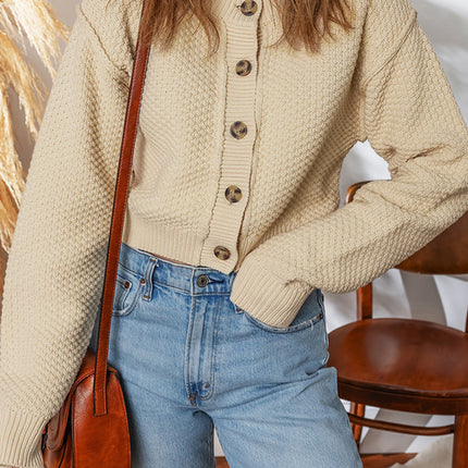 Solid Button-Up Cropped Cardigan Sweater