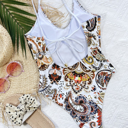 Printed Tie Back Scoop Neck One-Piece Swimsuit
