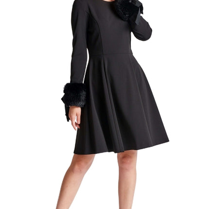 Caroline Dress - Long Sleeve Fit & Flare Black Dress with Faux Fur