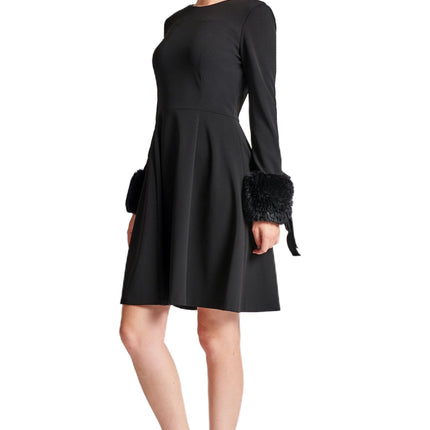 Caroline Dress - Long Sleeve Fit & Flare Black Dress with Faux Fur