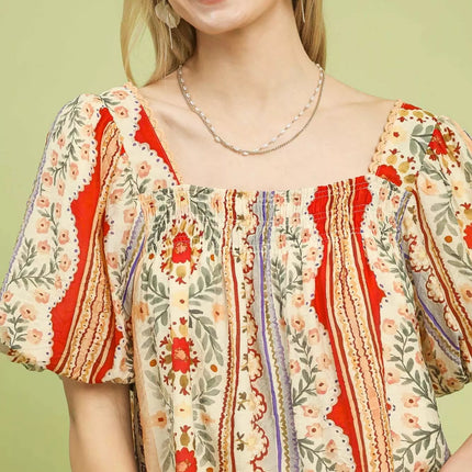 Umgee Patchwork Puff Sleeve Smocked Blouse