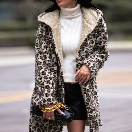 Shiny Leopard Hooded Coat with Pockets