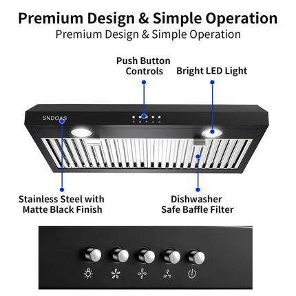30 Inch Kitchen Under Cabinet Range Hood 3-Speed 600CFM Vent W/LEDs