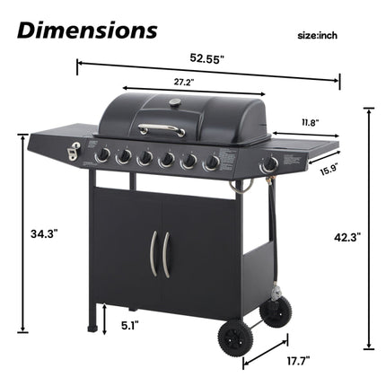 6 Burner BBQ Propane Gas Grill With Side Burner 59000 BTU Output
