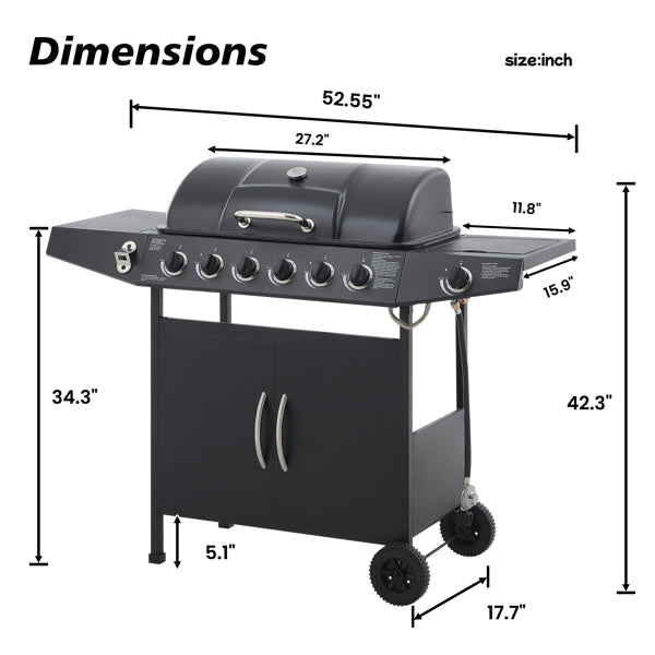 6 Burner BBQ Propane Gas Grill With Side Burner 59000 BTU Output