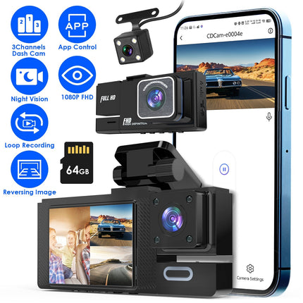 1Pc WiFi FHD 1080P Car Dash Cam 3 Channels Front Rear Inside Dash