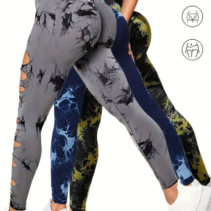 3 Pack Women's Tie Dye Cutout Tights High Waist Workout Yoga Leggings,