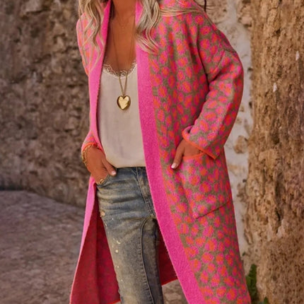 Contrast Color Leopard Print Long Knitwear Fashion Retro Pocket