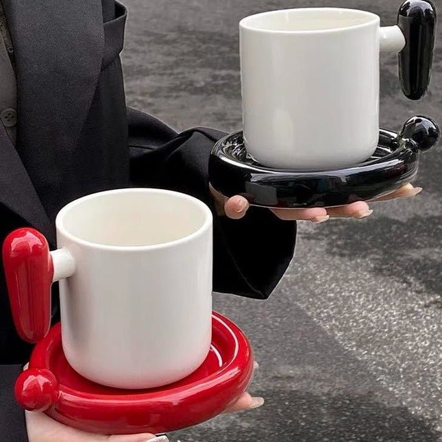 Handmade !? Ceramic Coffee Mug with Saucer - Unique Cute Funny Novelty