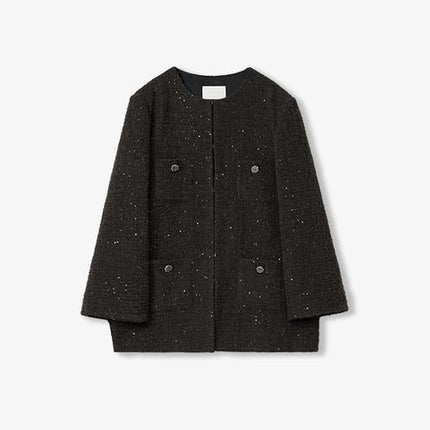 Circle Texture Sequined Wool Tweed Round Neck Long Chanel Style Coat