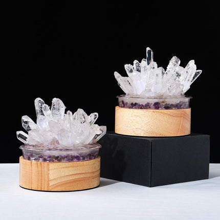 Clear Quartz Crystal Lamp With Wooden Base