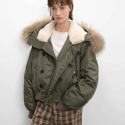 Fireladyfur Warm Short Style Jacket with a Large fur Hood and Raccoon
