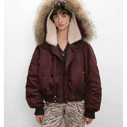 Fireladyfur Warm Short Style Jacket with a Large fur Hood and Raccoon