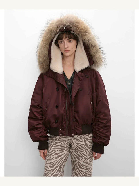 Fireladyfur Warm Short Style Jacket with a Large fur Hood and Raccoon