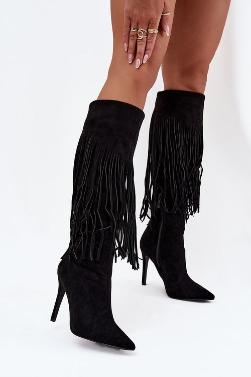 BLACK FAUX SUEDE POINT TOE FRINGED HEEL