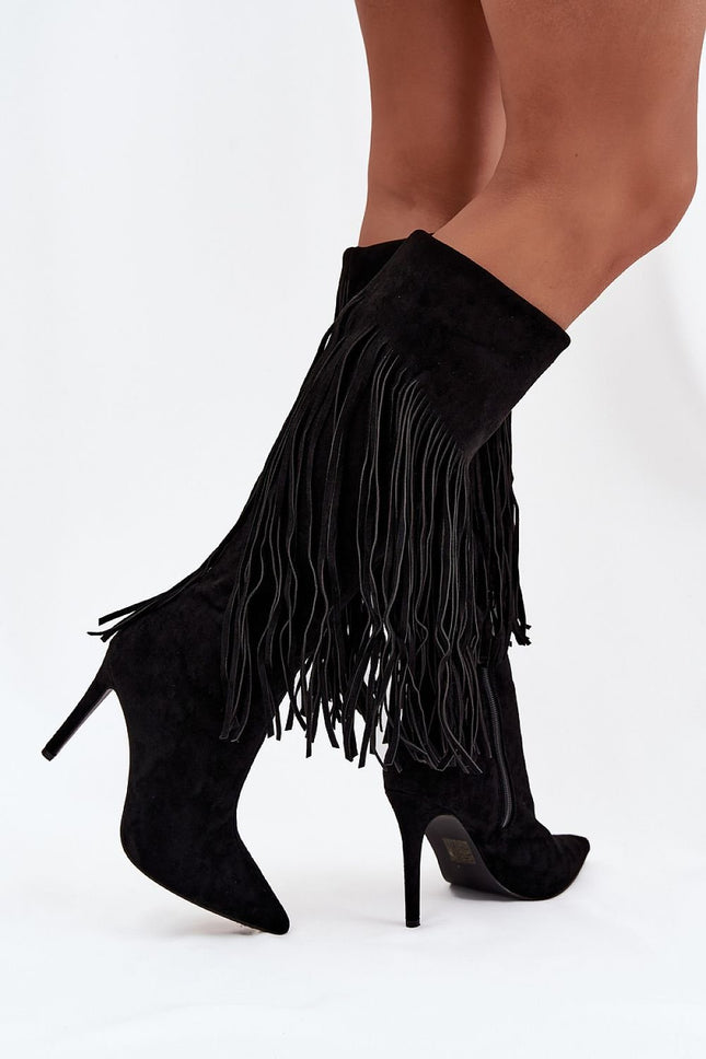 BLACK FAUX SUEDE POINT TOE FRINGED HEEL