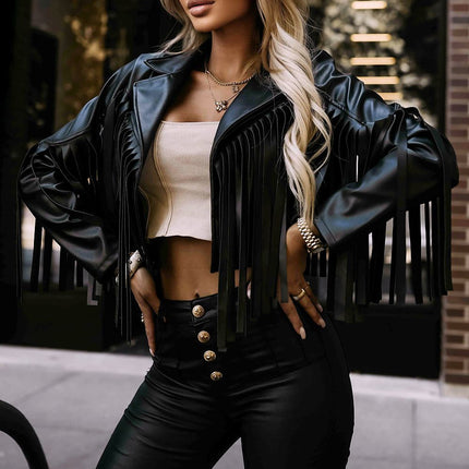 Fringe Leather Jacket - Black Stylish Outerwear