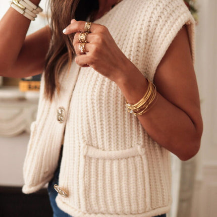 White Solid Textured Knit Side Pockets Buttoned Sweater Vest