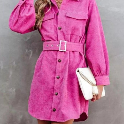 Stylish Button Front Belt Long Sleeve : Corduroy Dress