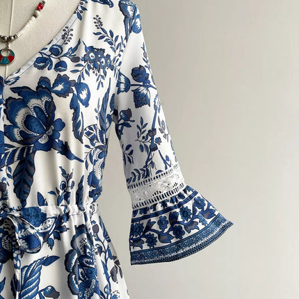 Floral Print V-Neck Flounce Sleeve Dress
