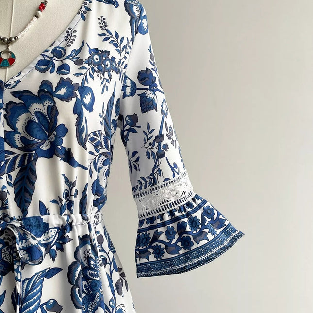 Floral Print V-Neck Flounce Sleeve Dress