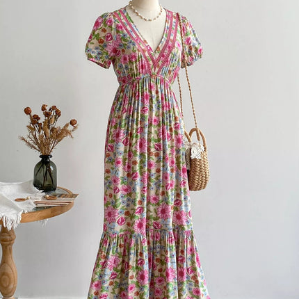 Floral Print V-Neck Puff Sleeve Dress
