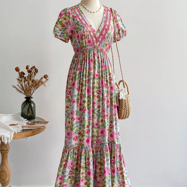 Floral Print V-Neck Puff Sleeve Dress