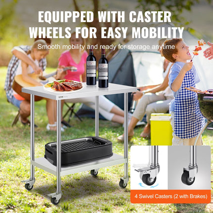 Stainless Steel Work Table 24 X 36 X 38 Inch, With 4 Wheels, 3