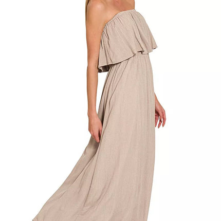 Zenana Woven Crinkle Strapless Maxi Dress
