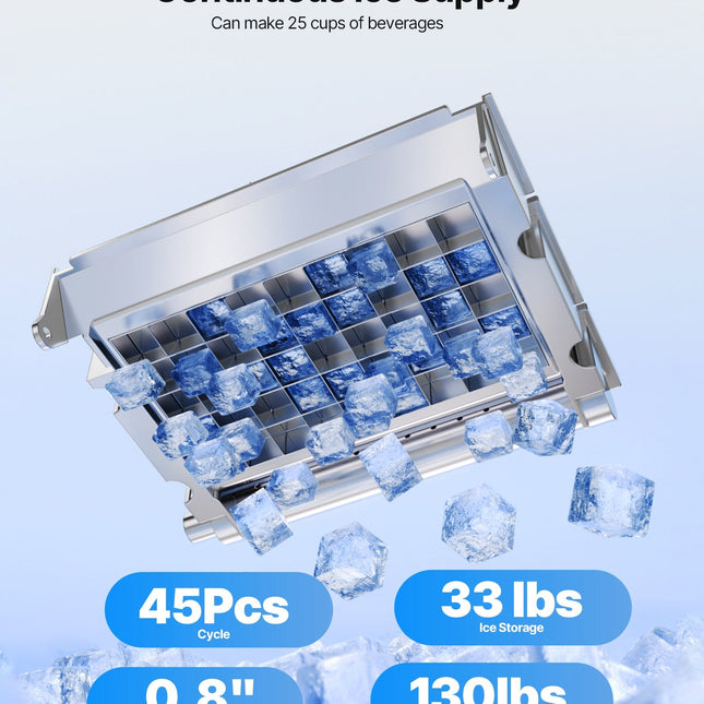 Commercial Ice Maker Machine With Pump, 130Lbs/24H With 33Lbs Storage,