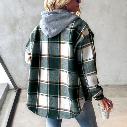 Plaid Hooded Jacket Fashion Casual Button Pocket Coat Autumn And