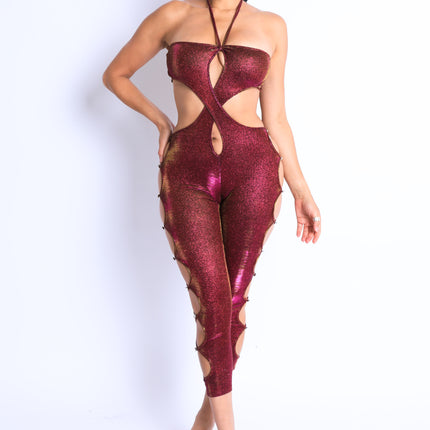 Glittery Cutout Halter Neck Keyhole Sexy Party Jumpsuit FUCHSIA/GOLD