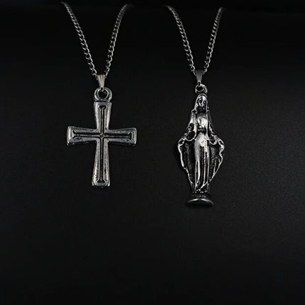 2 Piece Cross and Virgin Mary Necklace Set Men Religious Style Jewelry