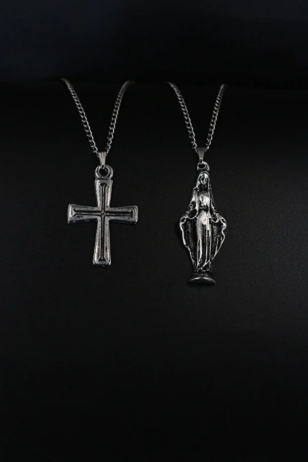 2 Piece Cross and Virgin Mary Necklace Set Men Religious Style Jewelry