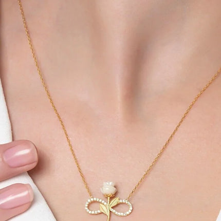 925 Sterling Silver Gold Plated White Rose Infinity Necklace Zircon