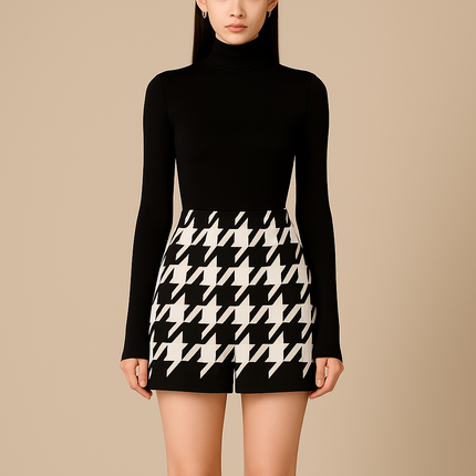 Houndstooth Woolen Cape Coat & Shorts – Elegant & Fashionable Set