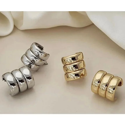 Premium Three Row Steel Rounded Earrings Women Elegant Daily Jewelry