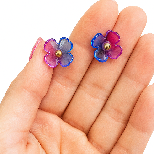 2-in-1 Earrings with Purple Flower and Gold Stud