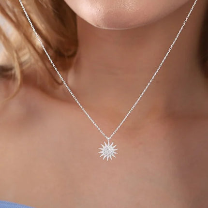 925 Sterling Silver Sun Pendant Necklace with White Zircon Stone