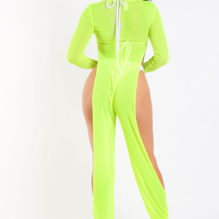 Sexy Mesh Cover Up Jumpsuit Summer Bodycon Beachwear NEON YELLOW