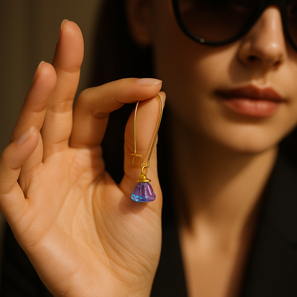 Handmade Earrings with Blue-Magenta Pendant, 18K Gold-Plated Tassels