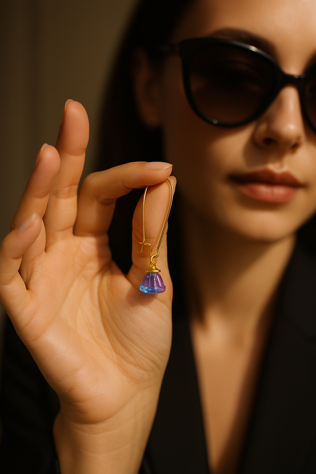 Handmade Earrings with Blue-Magenta Pendant, 18K Gold-Plated Tassels