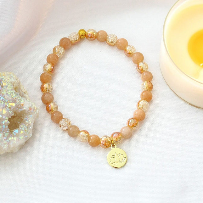 Sunstone Elastic Bracelet | 24K Lotus Flower Charm