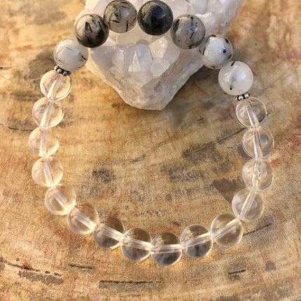 Black Tourmaline & Crystal Quartz Stretch Bracelet! Genuine Crystals!