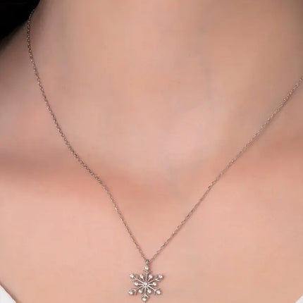 925 Sterling Silver Snowflake Necklace with White Stone