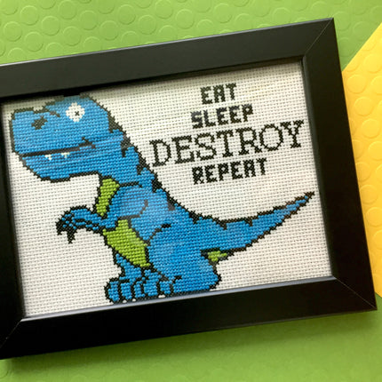Dinosaur Destroy Counted Cross Stitch DIY KIT Intermediate