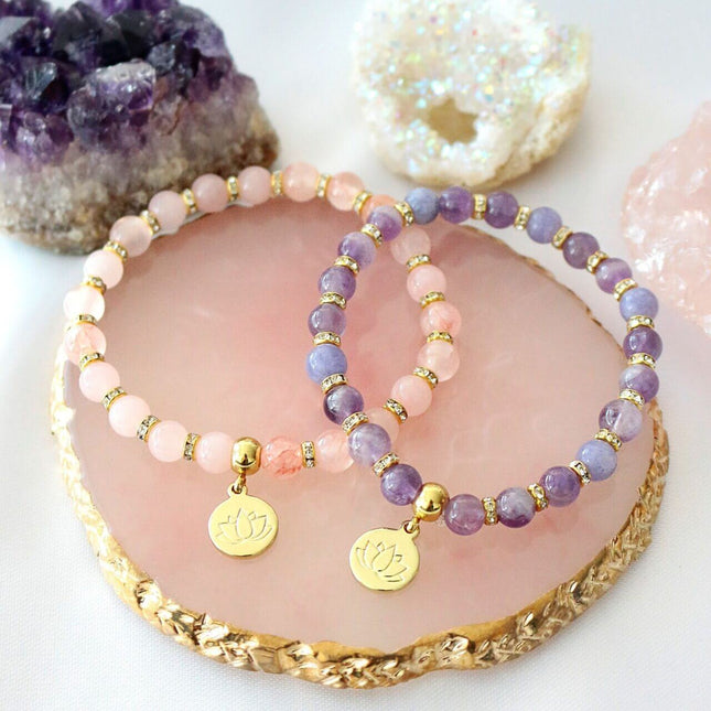 Rose Quartz – Amethyst Elastic Bracelet | 24K Lotus Flower Charm