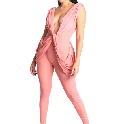 Sexy Sleeveless Lightweight Draped Mesh Jumpsuit Party Clubwear MAUVE