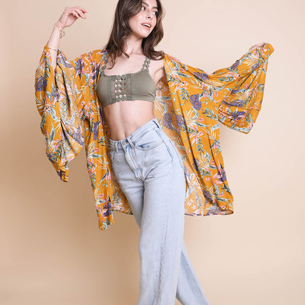 Tropical Leaves Draped Sleeve Kimono